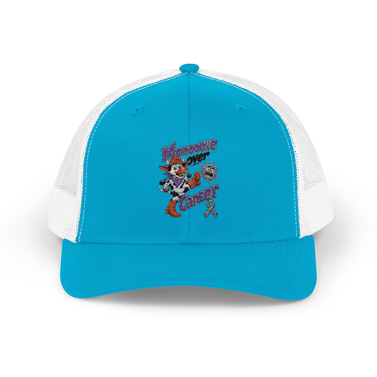 Moooove Over Cancer trucker hat side view showing mesh back and curved bill