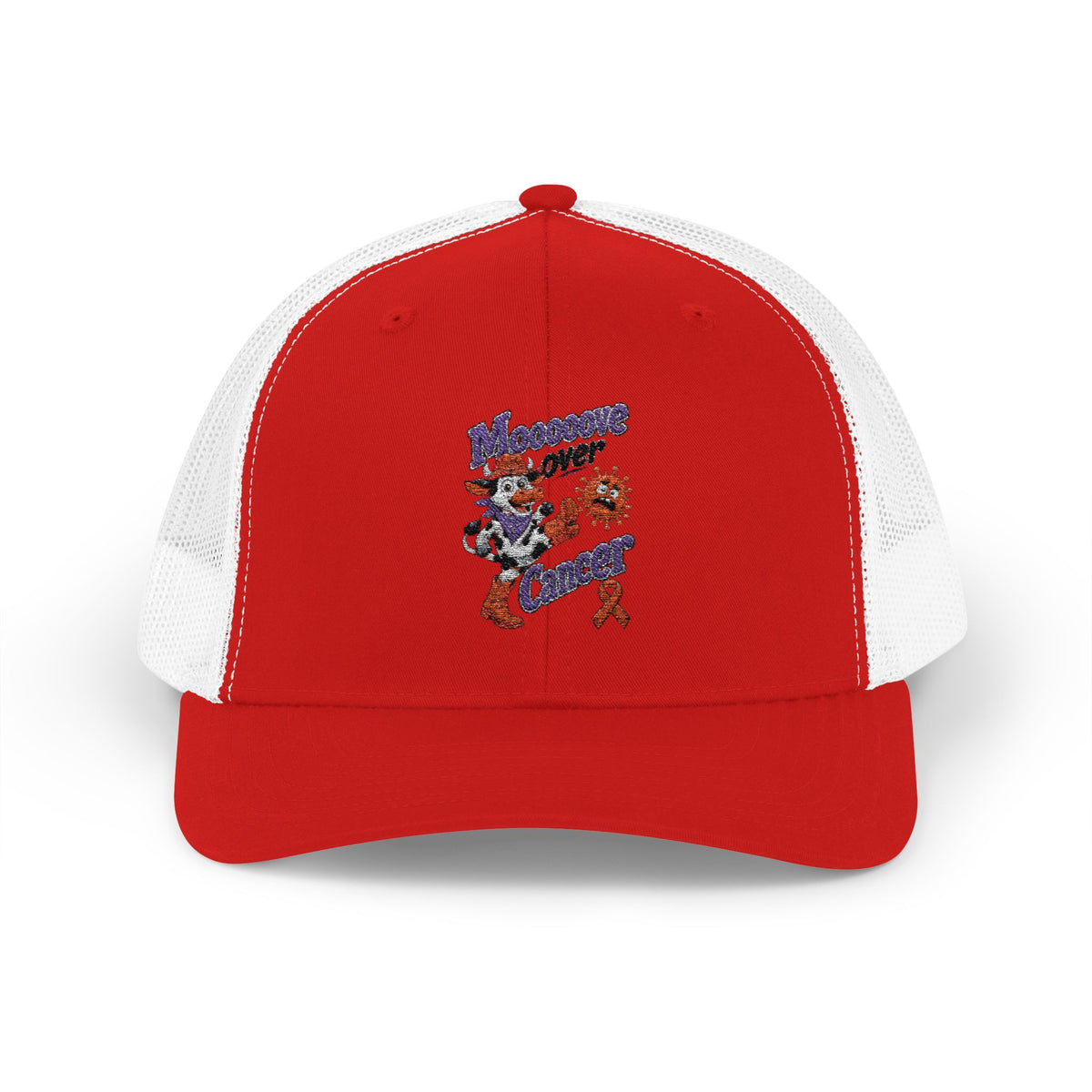 Moooove Over Cancer Uterine Cancer awareness ribbon trucker hat, rear adjustable view