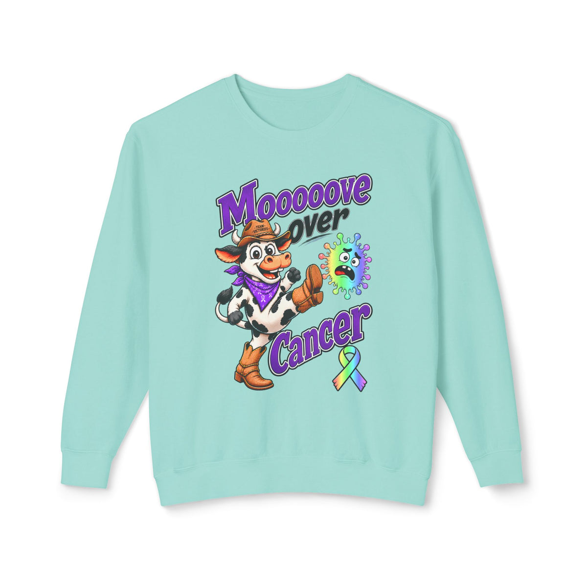 Moooove Over Cancer aqua crewneck sweatshirt with cow design and all-cancer awareness ribbon