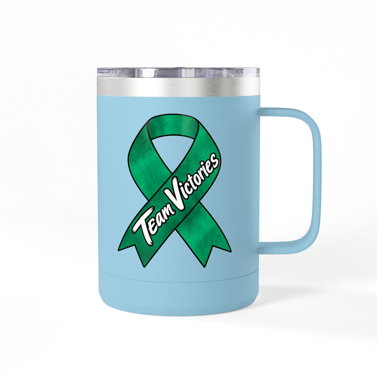Blue Team Victories stainless steel mug with green Liver Cancer awareness ribbon