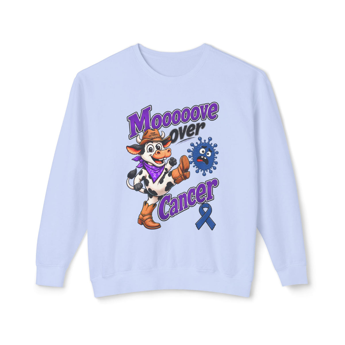 Moooove Over Cancer cow graphic crewneck with Colon Cancer awareness ribbon in lavender