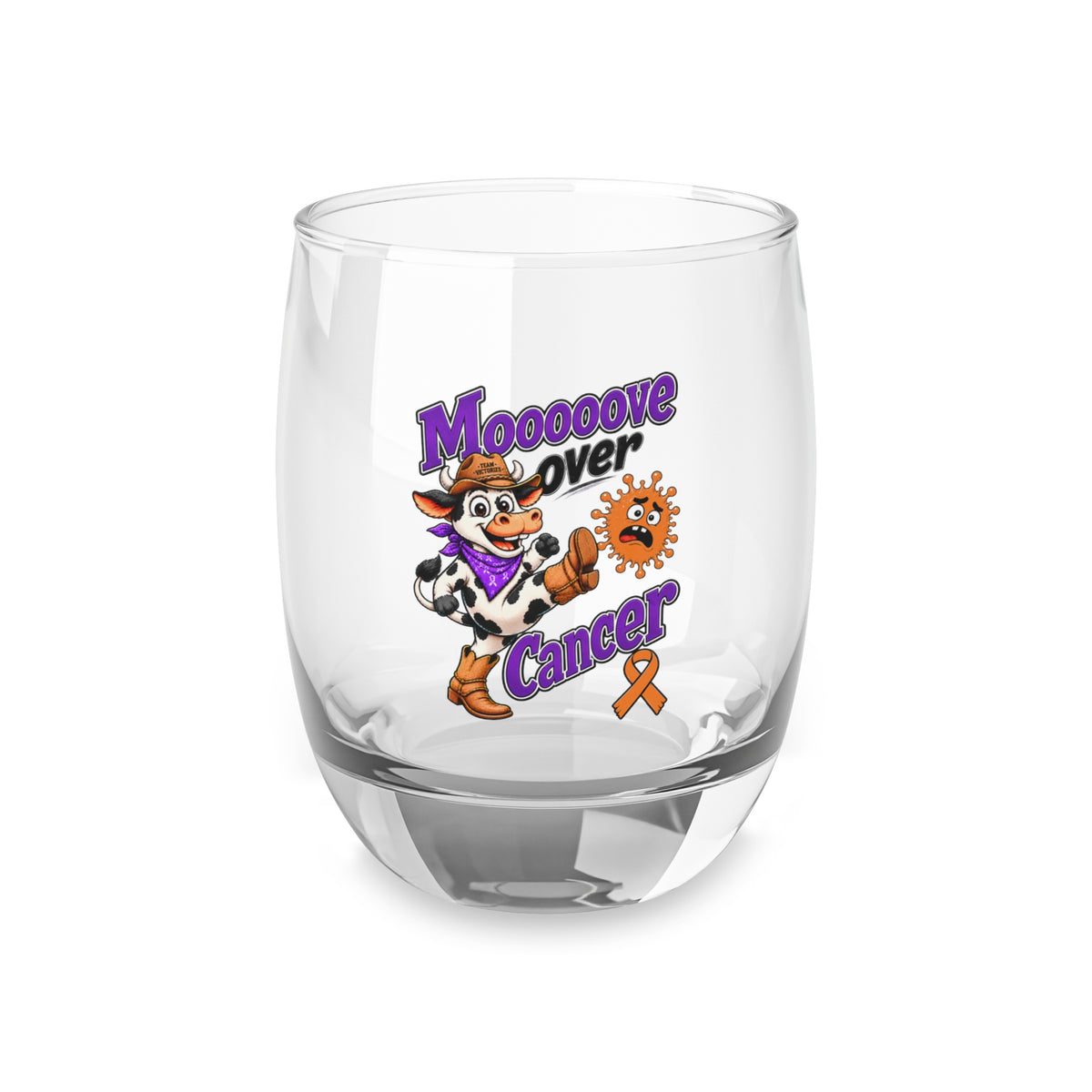 Moooove Over Cancer 6 oz whiskey glass with colorful cow artwork and orange awareness ribbon