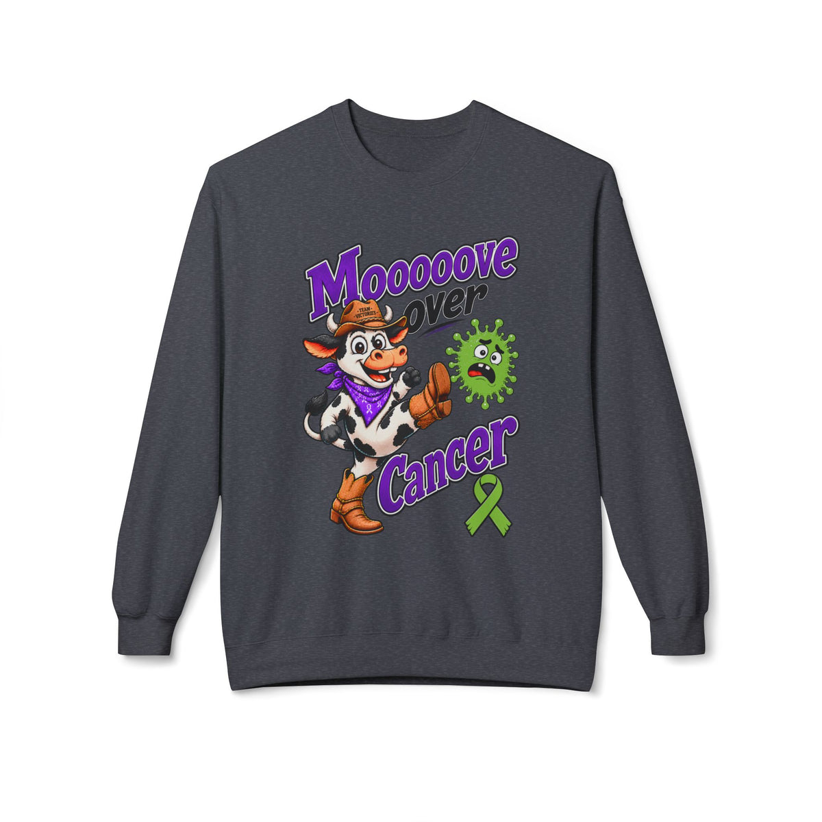 Gray Moooove Over Cancer sweatshirt featuring a cow and Non-Hodgkin/Lymphoma Cancer ribbon
