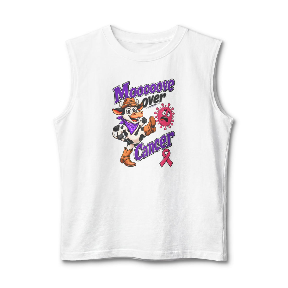 White Moooove Over Cancer tank top with character artwork and Breast Cancer awareness ribbon