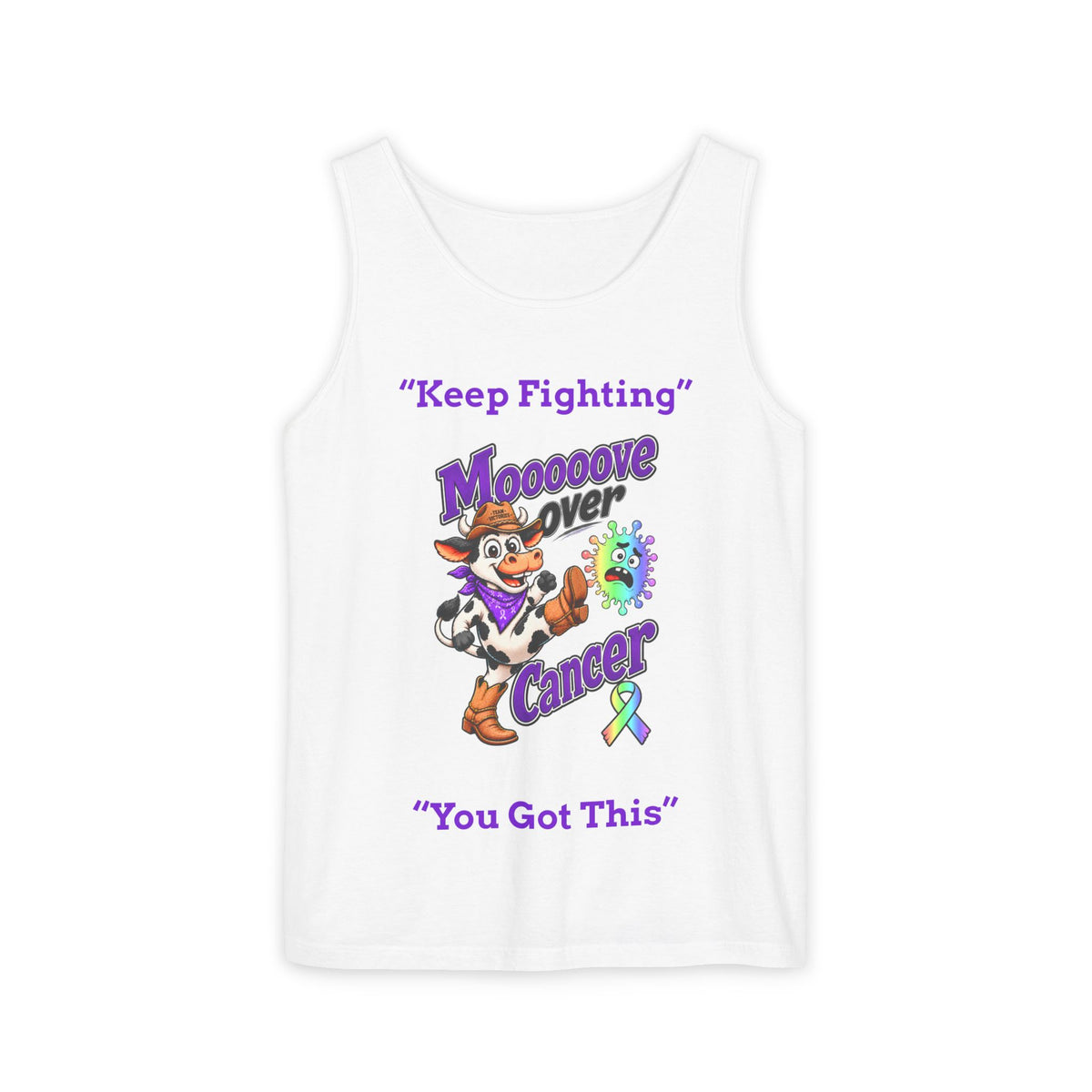 White Moooove Over Cancer tank top with Keep Fighting and all-cancer awareness ribbon artwork