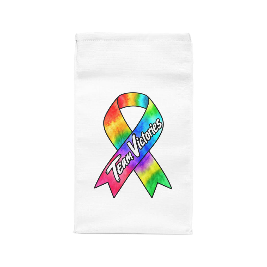 Team Victories colorful awareness ribbon artwork on the back of the Moooove Over Cancer lunch bag