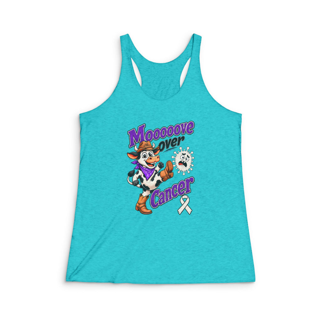 Moooove Over Cancer Lung Cancer awareness ribbon racerback tank top in turquoise