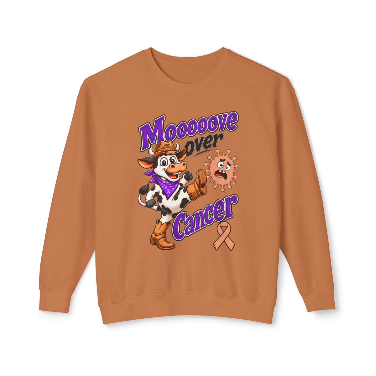 Side view of Moooove Over Cancer crewneck sweatshirt with Uterine Cancer awareness ribbon