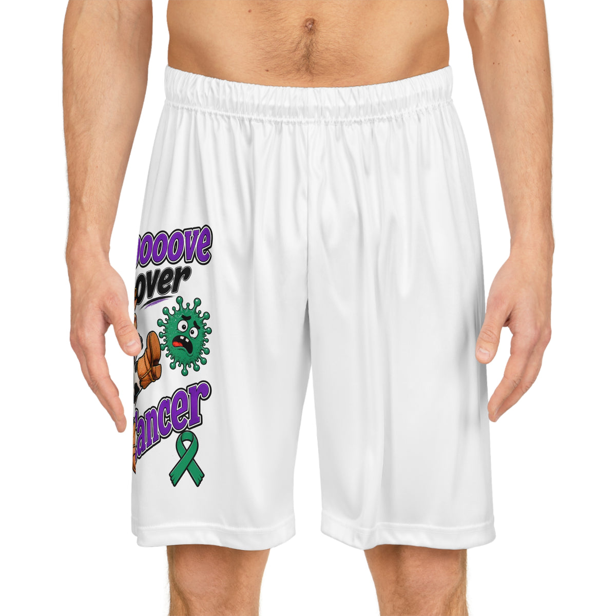 Model wearing Moooove Over Cancer basketball shorts with colorful front-side cow artwork