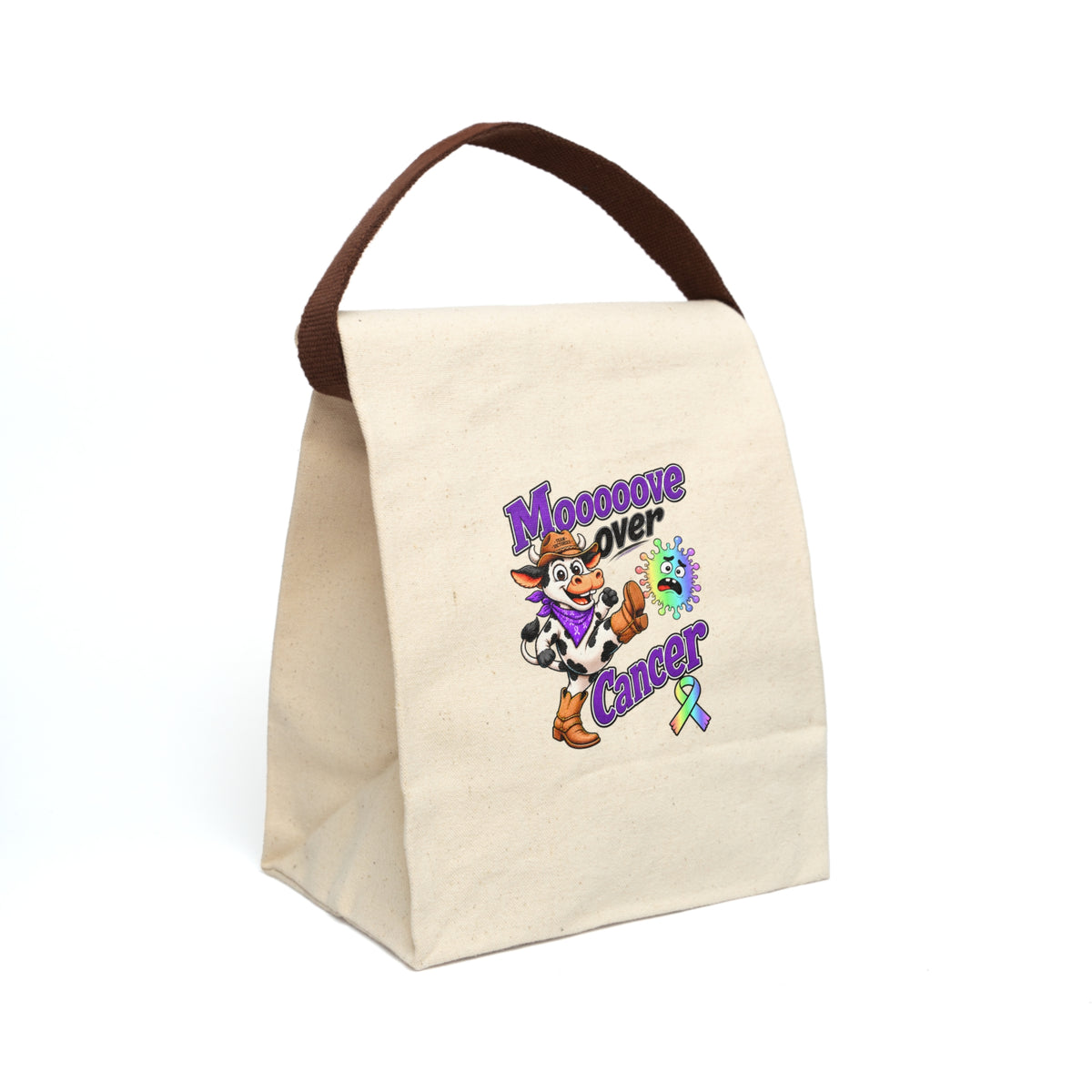 Moooove Over Cancer canvas lunch bag with colorful cow artwork, awareness ribbon, and roll-top closure