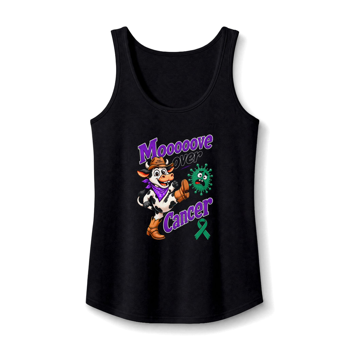 Black Moooove Over Cancer tank top with cowgirl graphic and Liver Cancer awareness ribbon