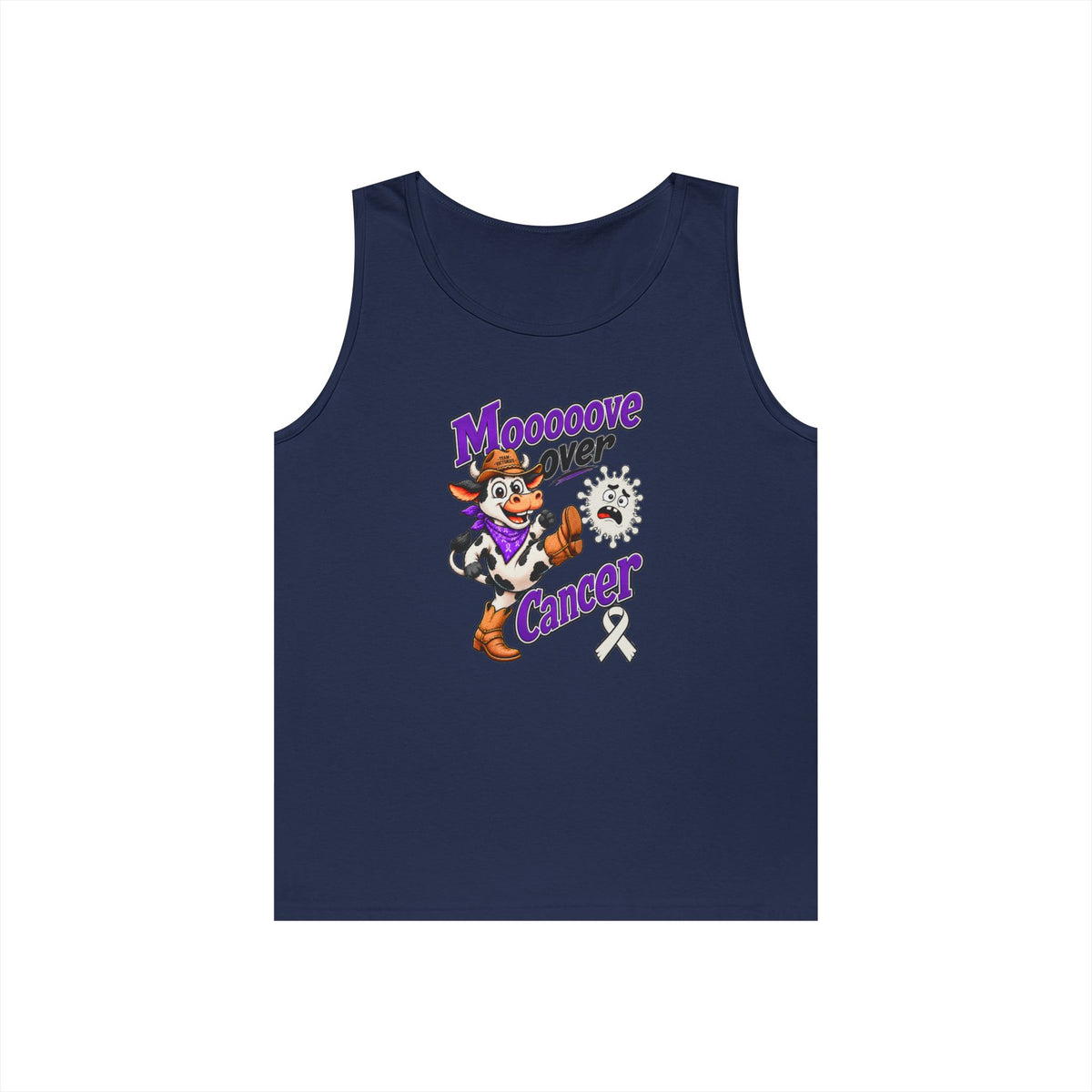 Moooove Over Cancer tank top with Lung Cancer awareness ribbon in navy