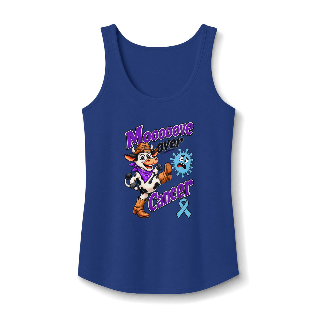 Moooove Over Cancer navy tank top with a Prostate Cancer awareness ribbon