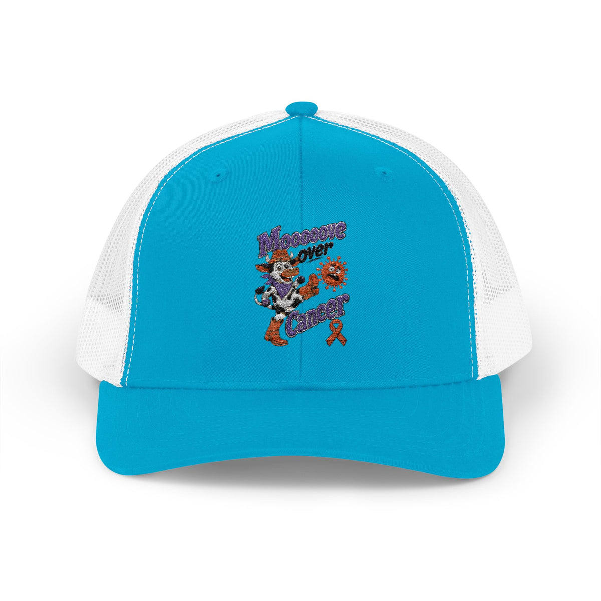 Moooove Over Cancer trucker hat with Breast Cancer awareness ribbon artwork, side view