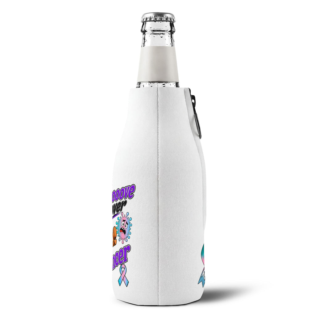 Side profile of Moooove Over Cancer zip-up bottle cooler sleeve with printed ribbon artwork