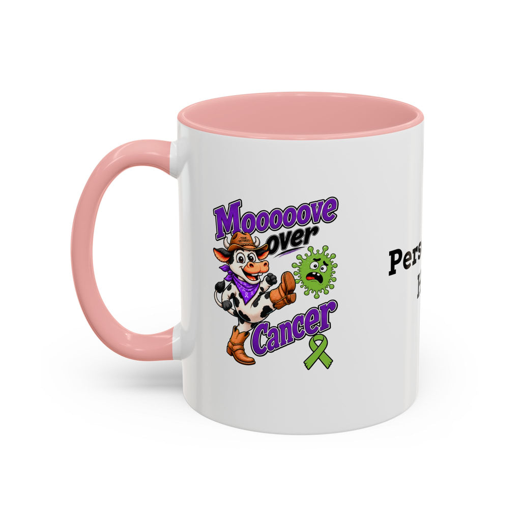 Moooove Over Cancer mug with pink accent, character artwork, and Non-Hodgkin/Lymphoma Cancer awareness ribbon