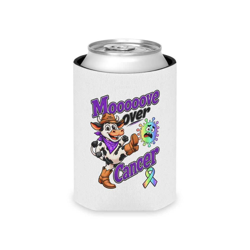 Moooove Over Cancer cow can cooler holding a regular beverage can