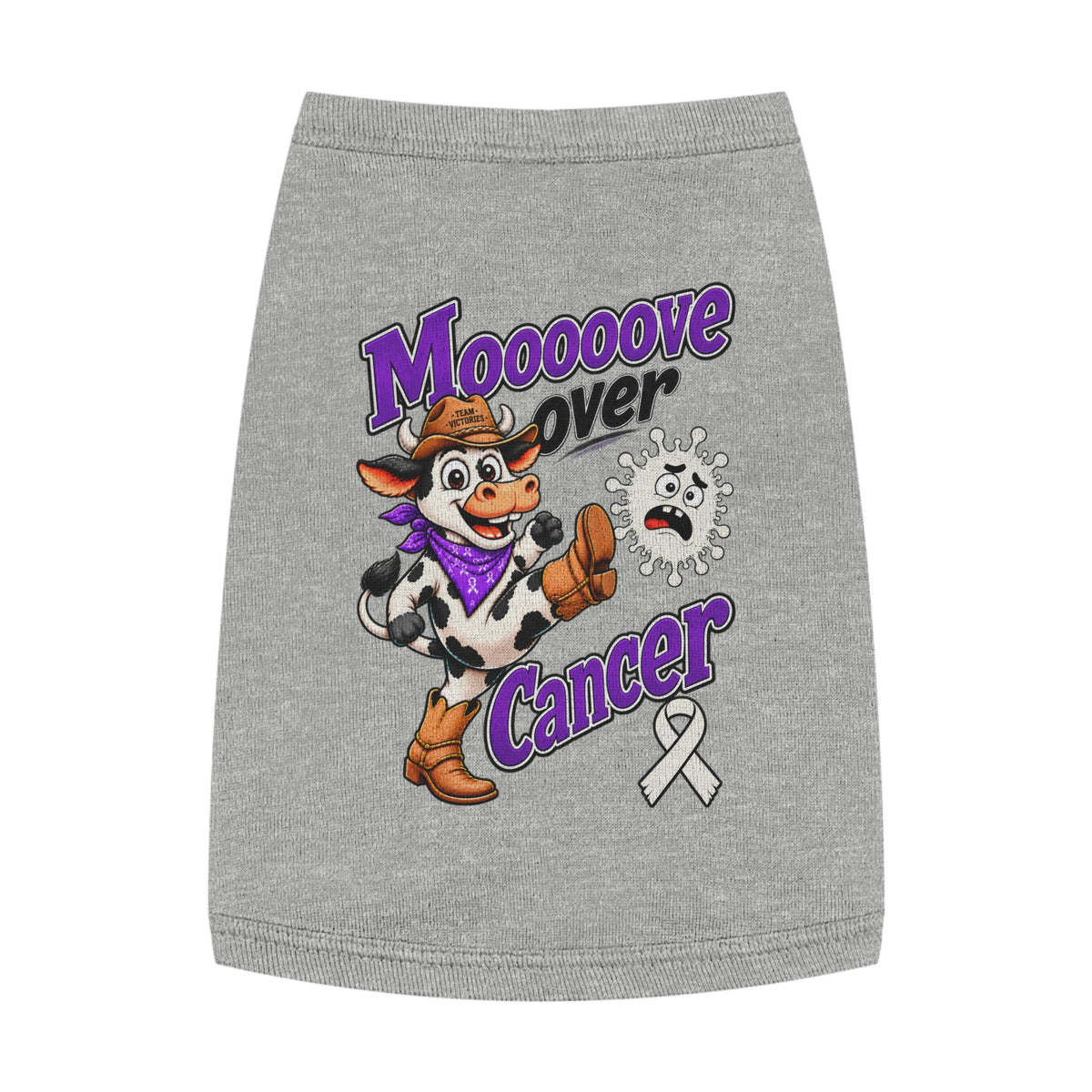 Gray Moooove Over Cancer pet tank with cow design and Lung Cancer awareness ribbon