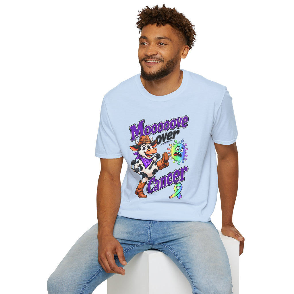 Man wearing the light blue Moooove Over Cancer T-shirt