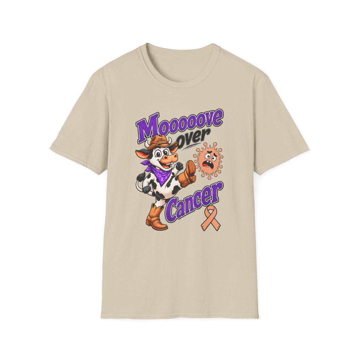 Moooove Over Cancer T-Shirt with cowgirl artwork and Uterine Cancer awareness ribbon on beige