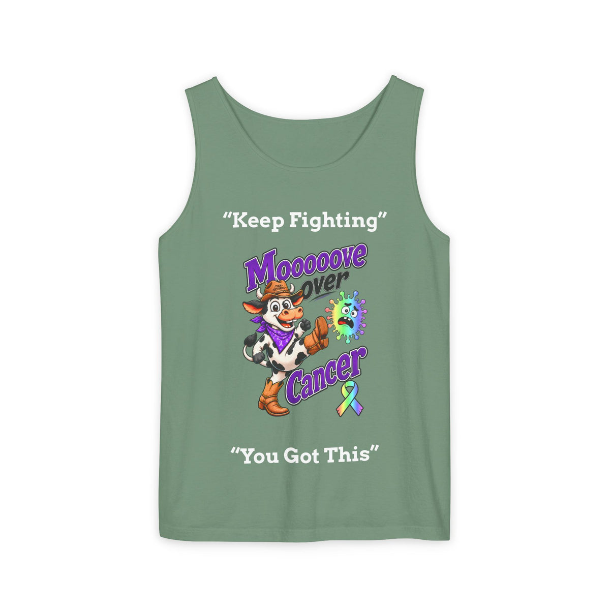 Green Moooove Over Cancer tank top with playful character and all-cancer awareness ribbon