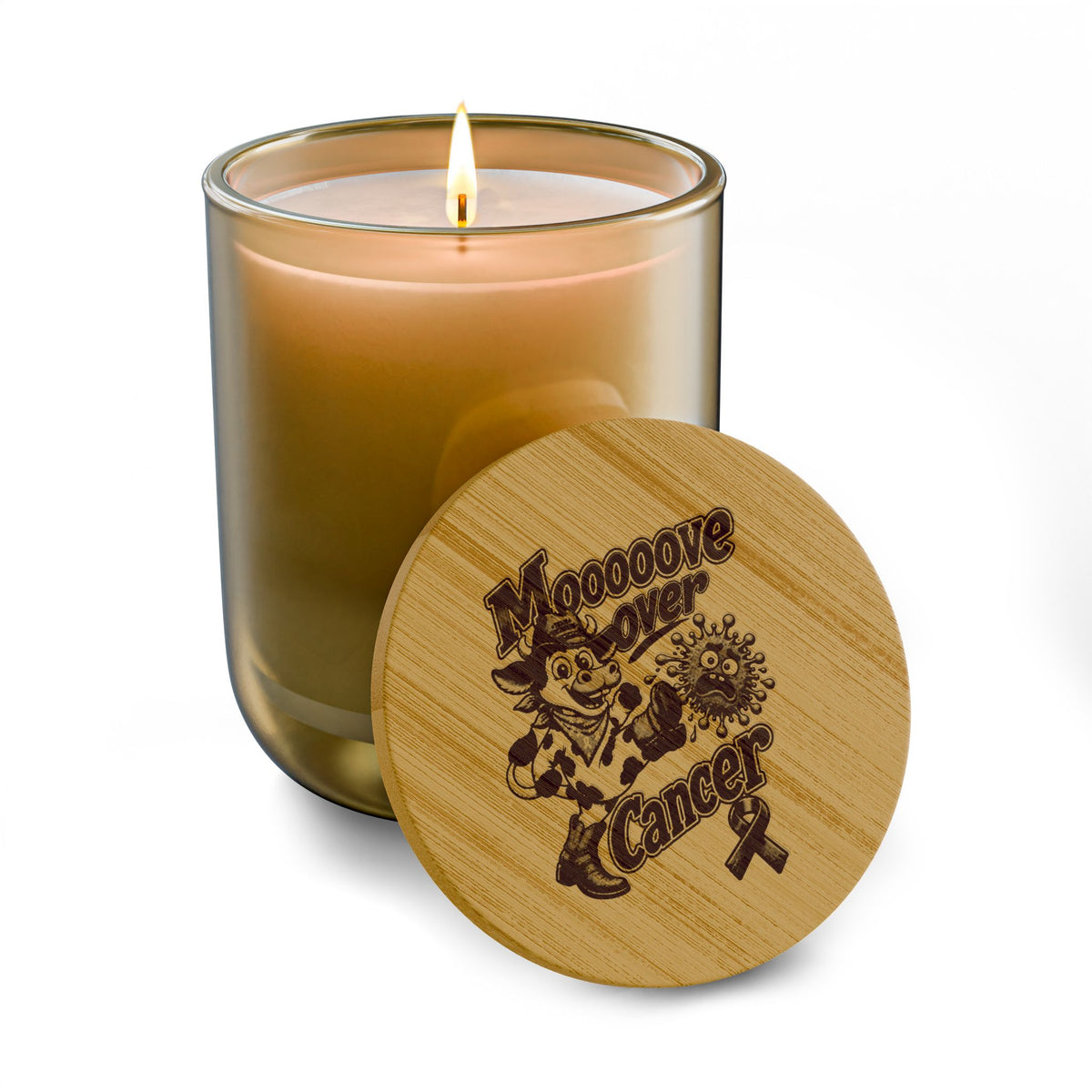 Moooove Over Cancer amber soy candle with Pancreatic Cancer awareness ribbon and bamboo lid