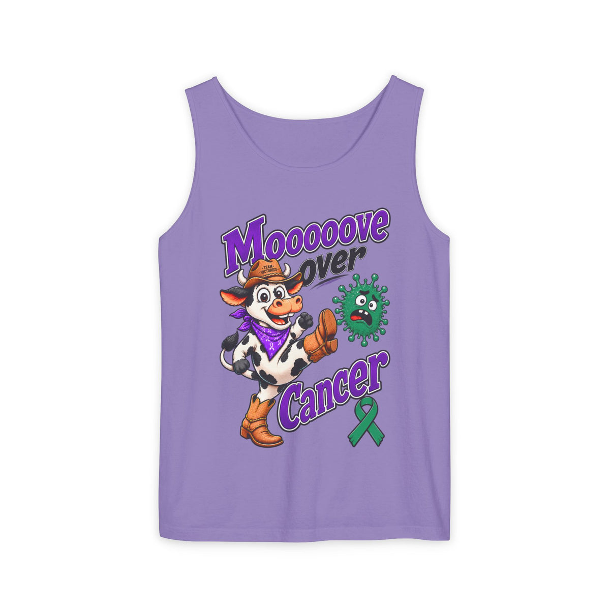 Lavender Moooove Over Cancer tank top with cow graphic and Liver Cancer awareness ribbon