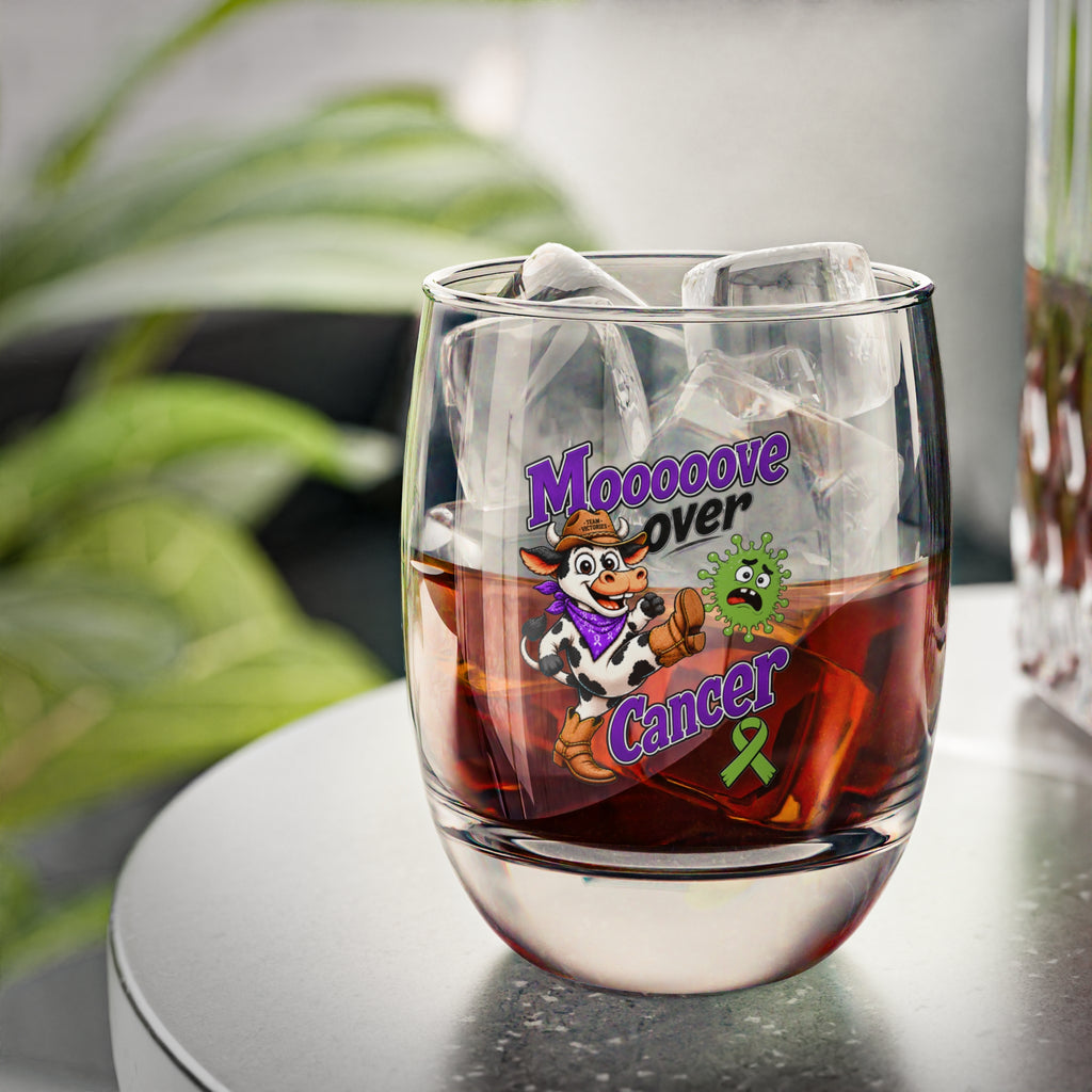 Moooove Over Cancer whiskey glass filled with ice and a dark beverage