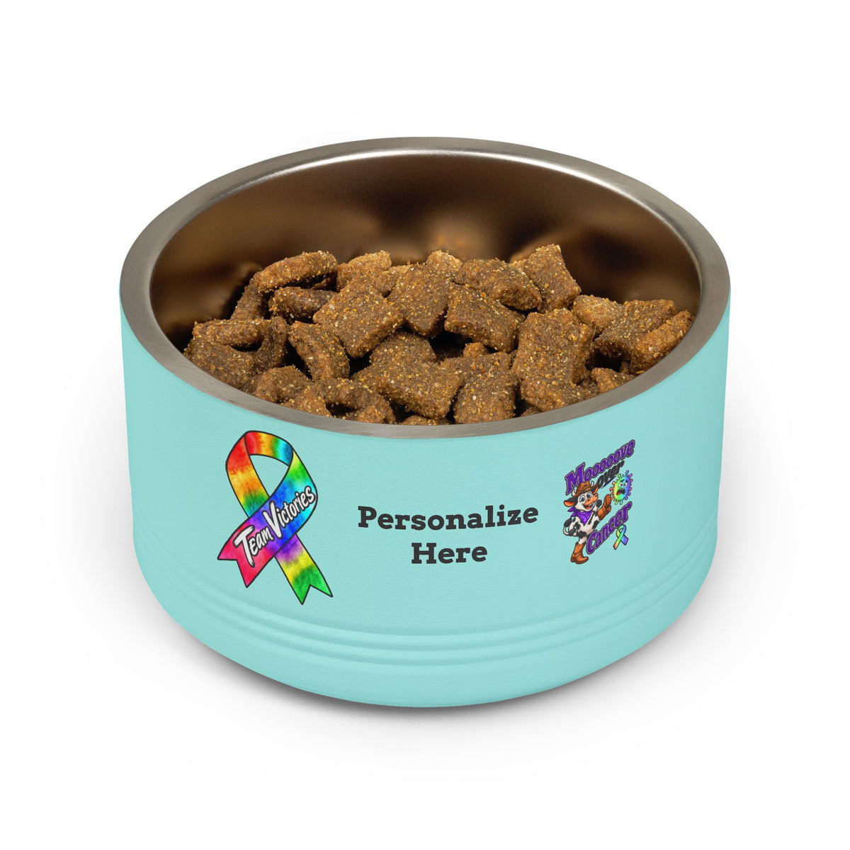 Moooove Over Cancer turquoise pet bowl filled with food and all-cancer awareness ribbon design
