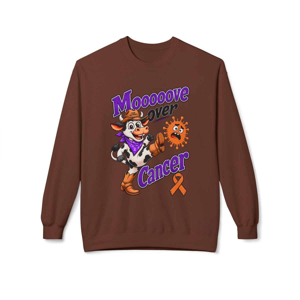 Model wearing Moooove Over Cancer sweatshirt with Leukemia/Kidney Cancer awareness ribbon design