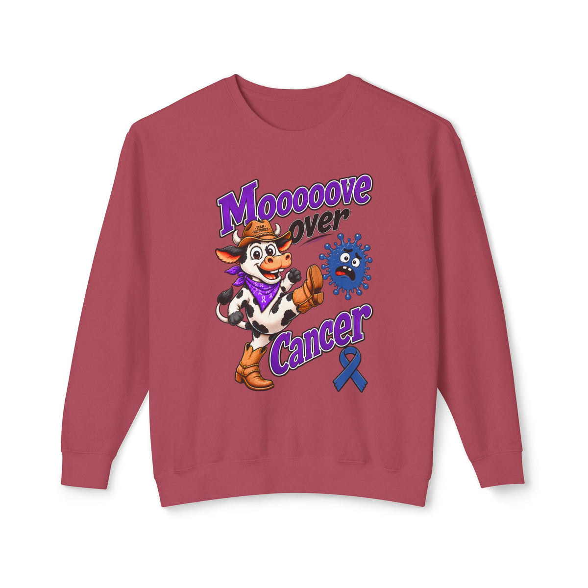 Model wearing the Moooove Over Cancer sweatshirt with Colon Cancer awareness ribbon