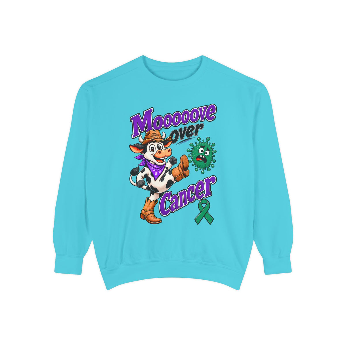 Moooove Over Cancer crewneck sweatshirt in bright blue with cowgirl cow and green ribbon design