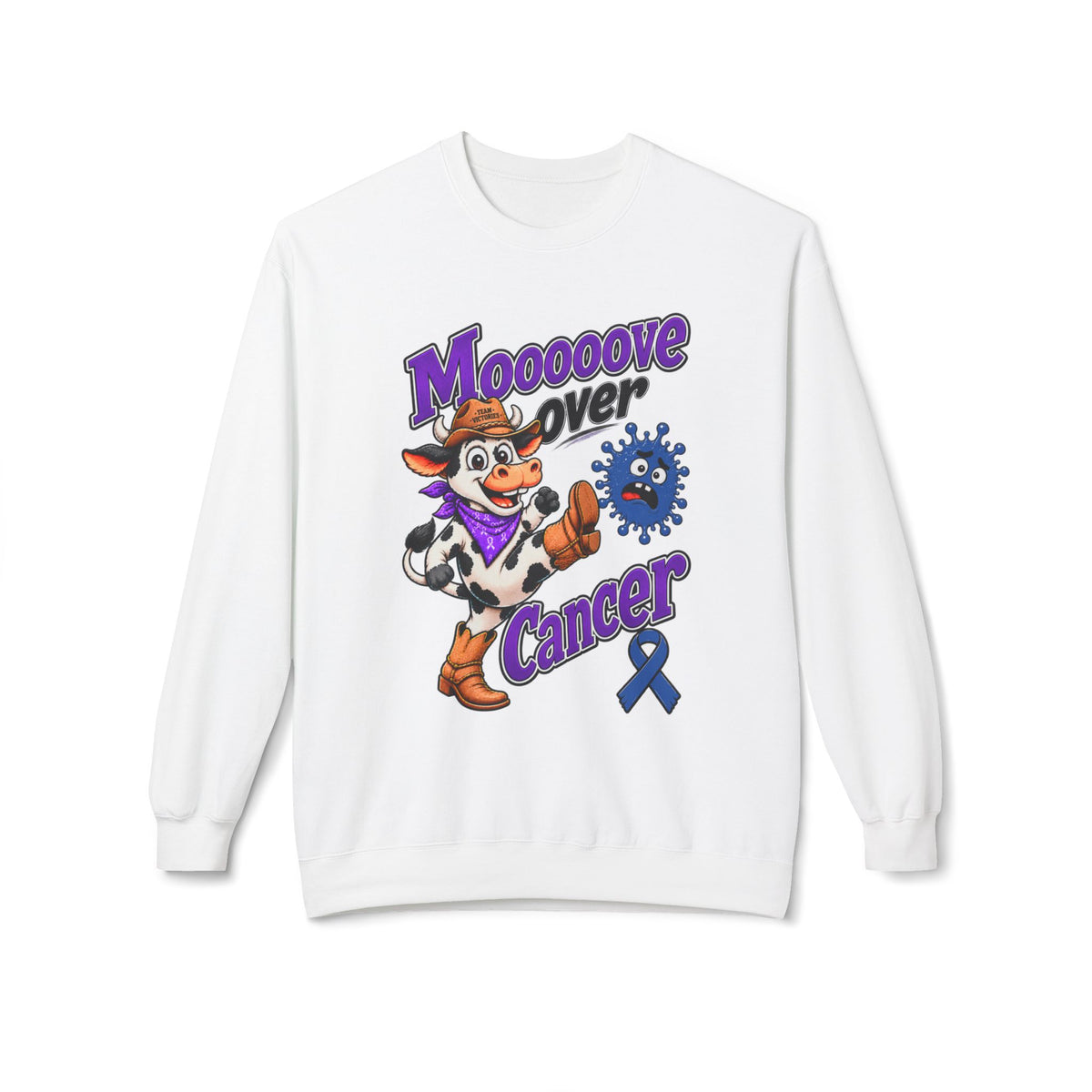 Moooove Over Cancer crewneck sweatshirt with cow artwork and Colon Cancer awareness ribbon
