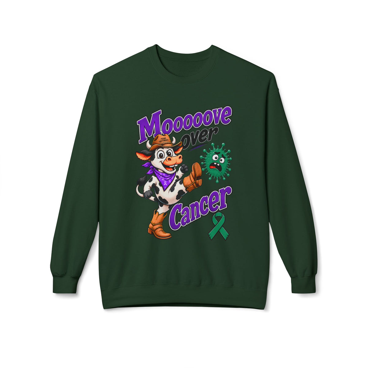 Tan Moooove Over Cancer crewneck sweatshirt with Liver Cancer awareness ribbon