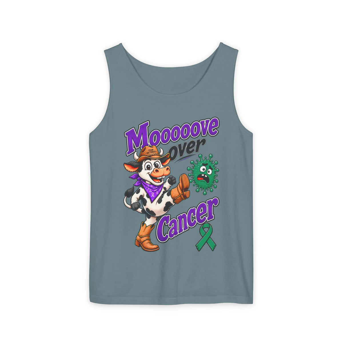 Blue-gray Moooove Over Cancer tank top with cow artwork and Liver Cancer awareness ribbon