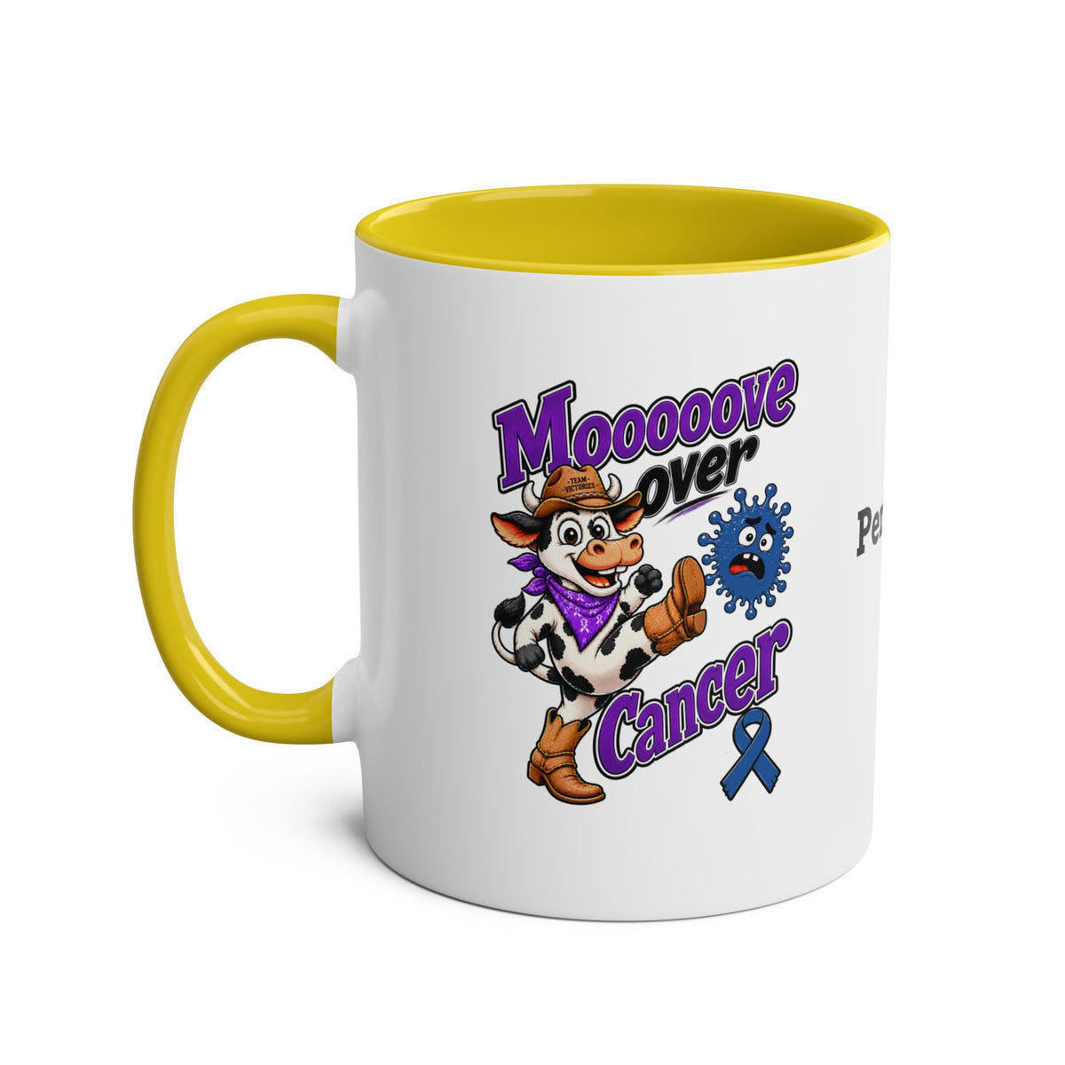 Moooove Over Cancer ceramic mug with yellow interior, handle, and colorful awareness ribbon artwork