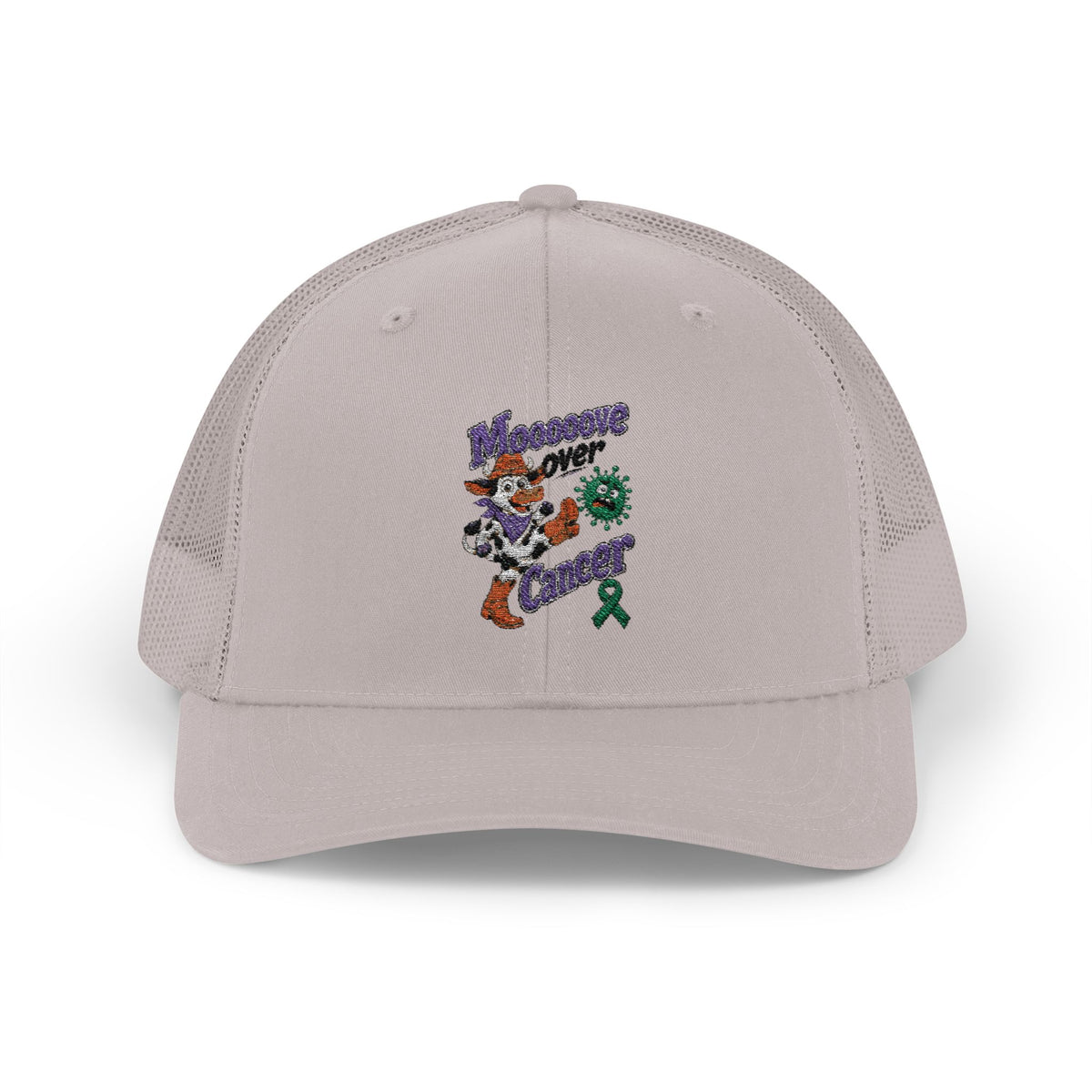 Red Moooove Over Cancer trucker hat featuring a Liver Cancer awareness ribbon design