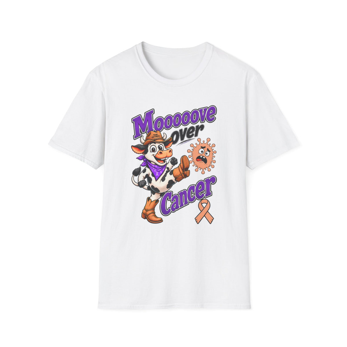 Moooove Over Cancer T-Shirt with cowgirl artwork and peach Uterine Cancer awareness ribbon on white