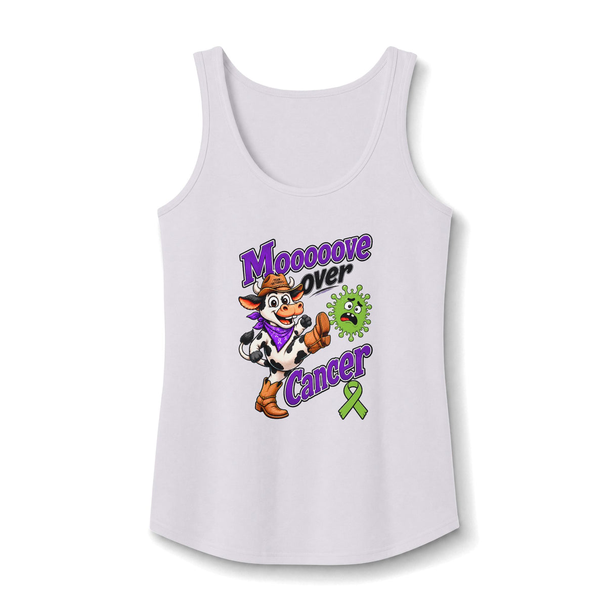 Moooove Over Cancer tank top in white with cow graphic and lime Non-Hodgkin/Lymphoma Cancer awareness ribbon
