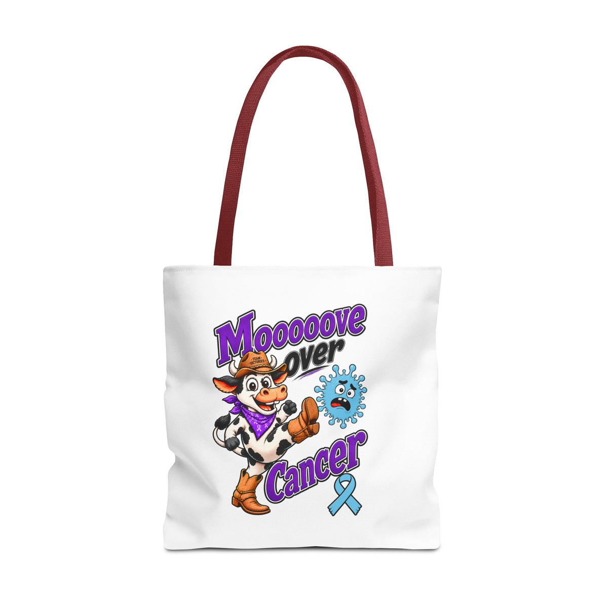 Close product view of Moooove Over Cancer tote with Prostate Cancer awareness ribbon