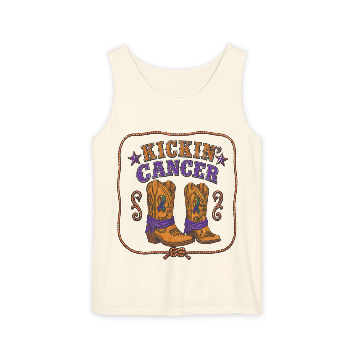 Cream Kickin' Cancer tank top with Western boots, rope border, and purple ribbon artwork