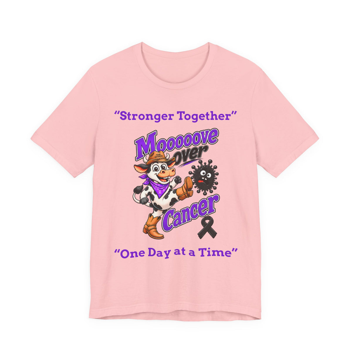 Moooove Over Cancer pink T-shirt with purple cancer-support lettering