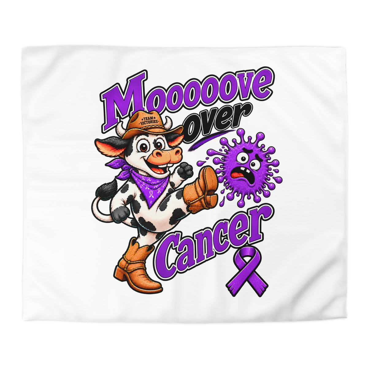 Moooove Over Cancer microfiber duvet cover displaying cow artwork and Pancreatic Cancer awareness ribbon