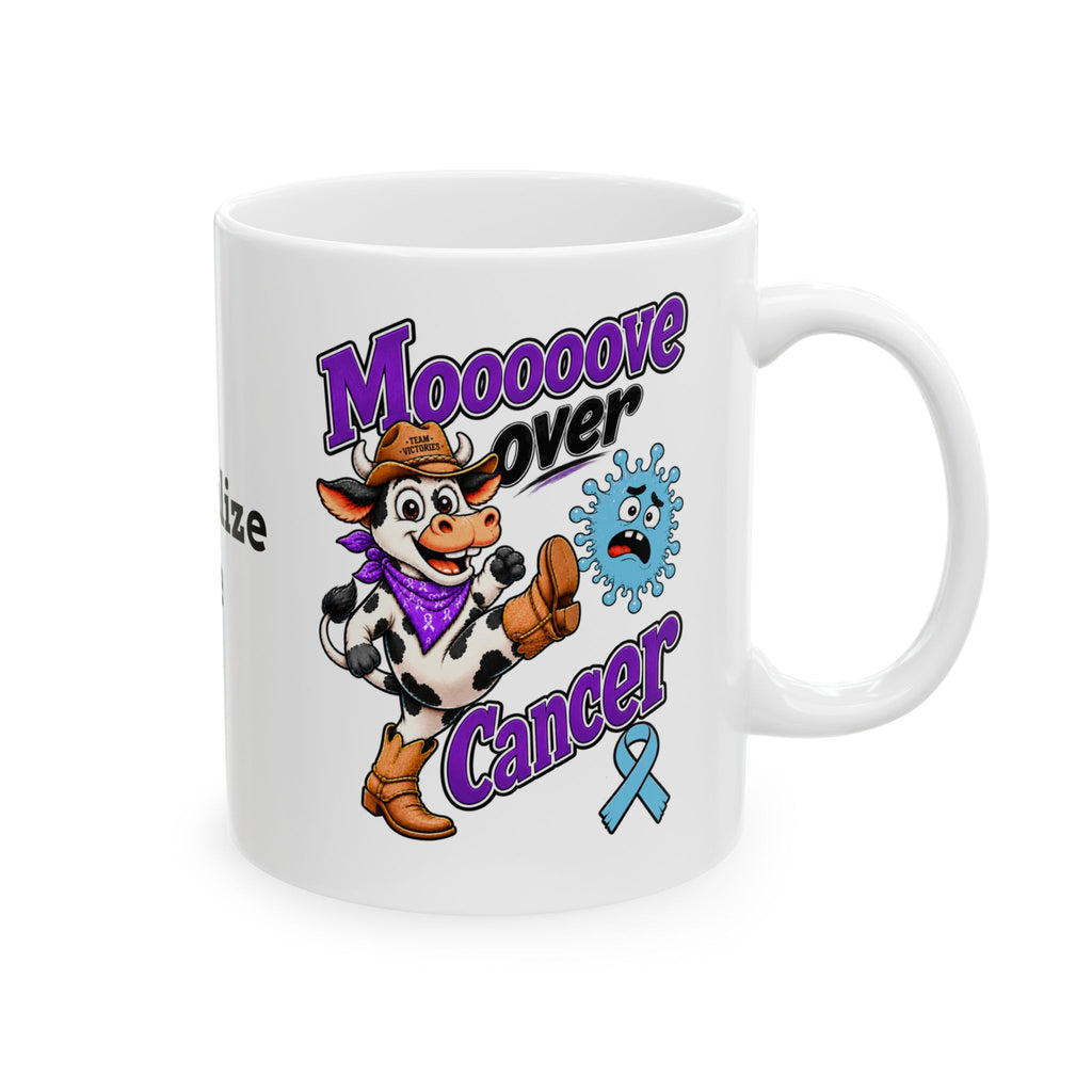 Moooove Over Cancer ceramic mug with cow artwork and Prostate Cancer awareness ribbon