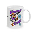 Moooove Over Cancer ceramic mug with cow artwork and Prostate Cancer awareness ribbon
