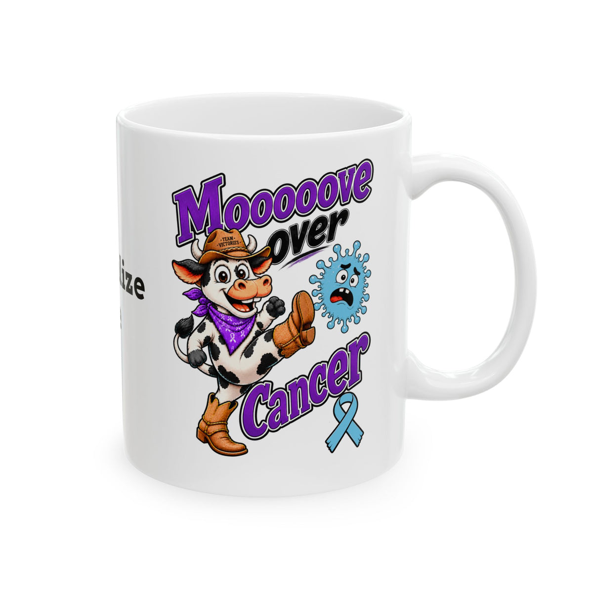 Moooove Over Cancer ceramic mug with cow artwork and Prostate Cancer awareness ribbon