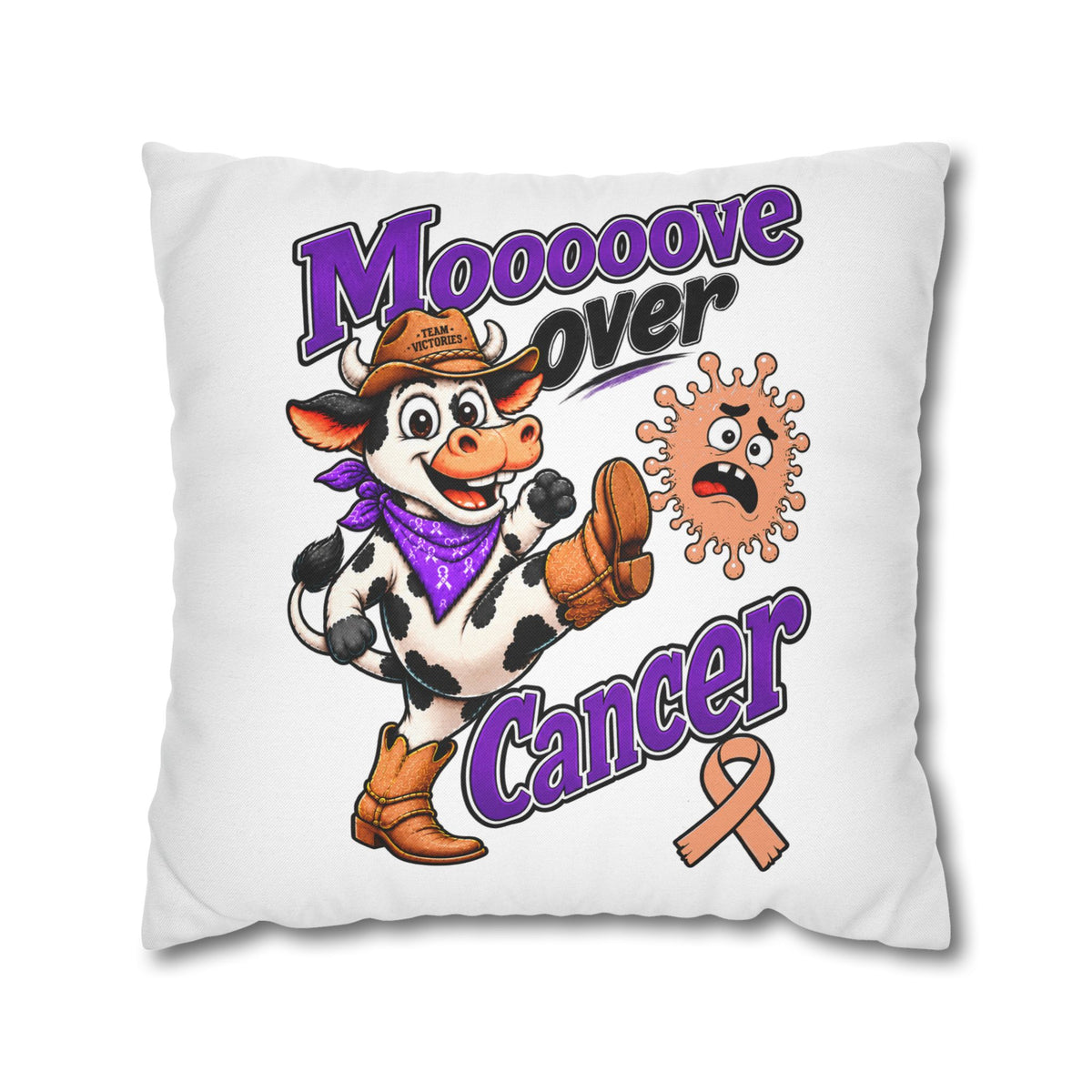 Square Moooove Over Cancer pillow case featuring cow artwork and a peach Uterine Cancer awareness ribbon