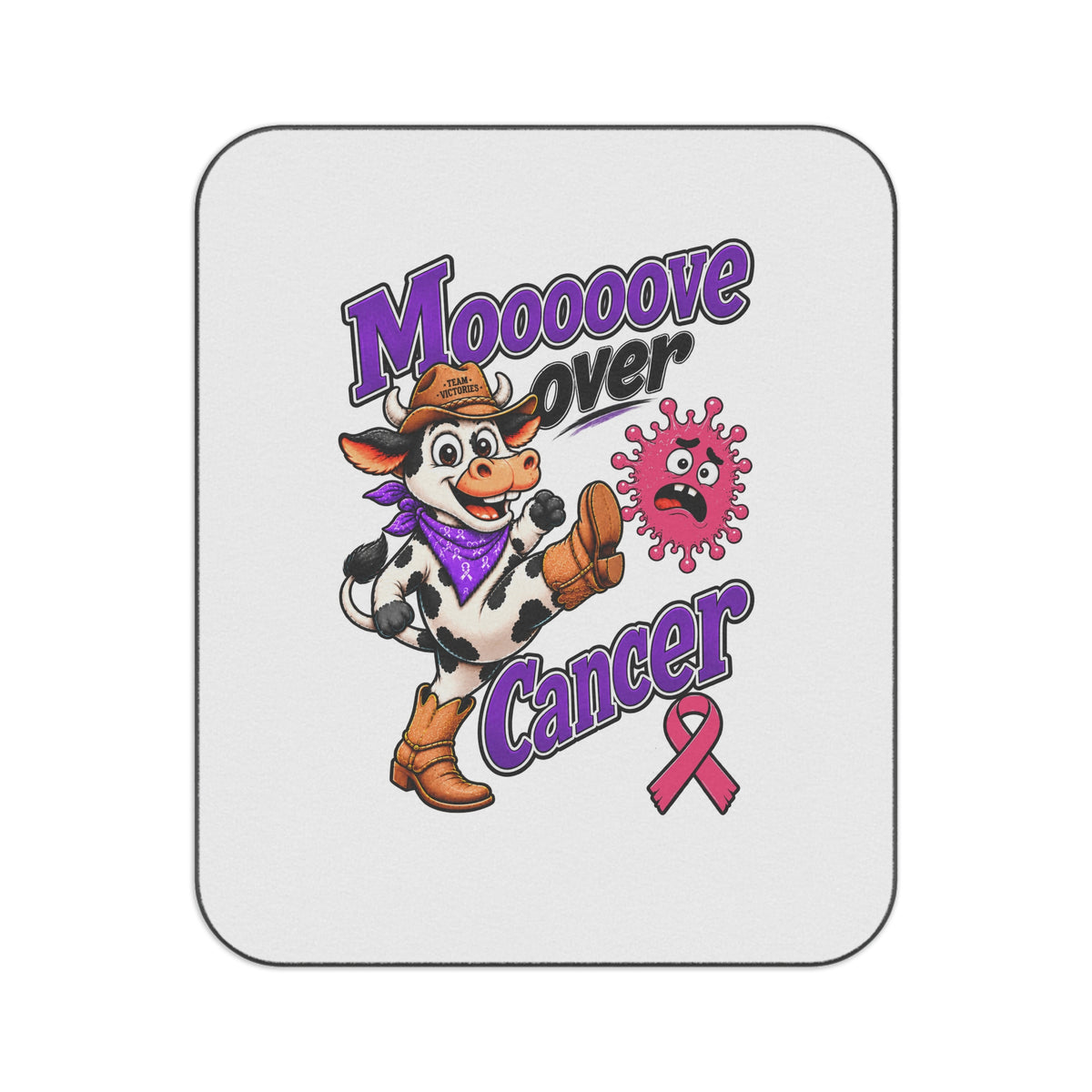 Moooove Over Cancer picnic blanket with colorful cow character and pink awareness ribbon