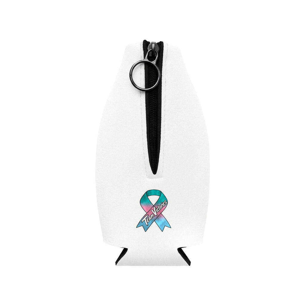 Back of Moooove Over Cancer bottle cooler sleeve with a Thyroid Cancer awareness ribbon