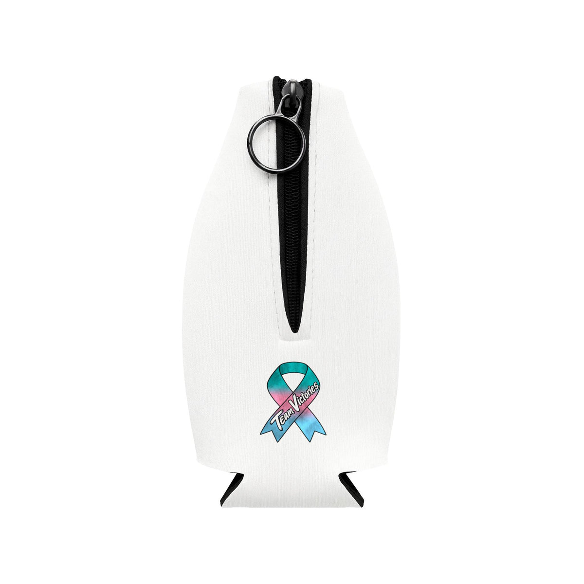 Back of Moooove Over Cancer bottle cooler sleeve with a Thyroid Cancer awareness ribbon